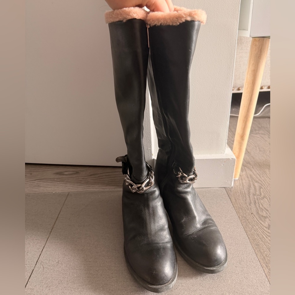 Marino Fabian made in italy black leather knee high boots pink fur trim - Picture 4 of 9